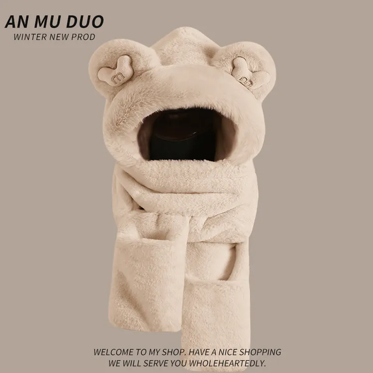 帽子围巾一体女秋冬季可爱毛绒帽加厚保暖防风防寒帽百搭防寒儿童