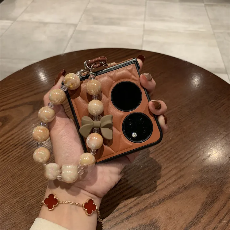 棕色菱格皮质手链适用华为pocket2手机壳p50pockets折叠屏purax