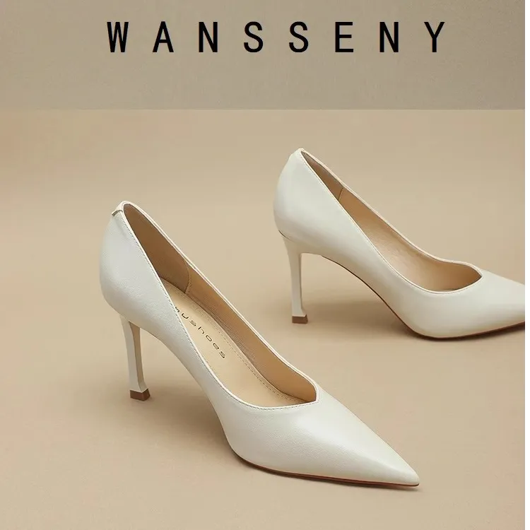 WANSSENY2025新款真皮米白色高跟鞋女软皮职业不累脚细跟小码单鞋