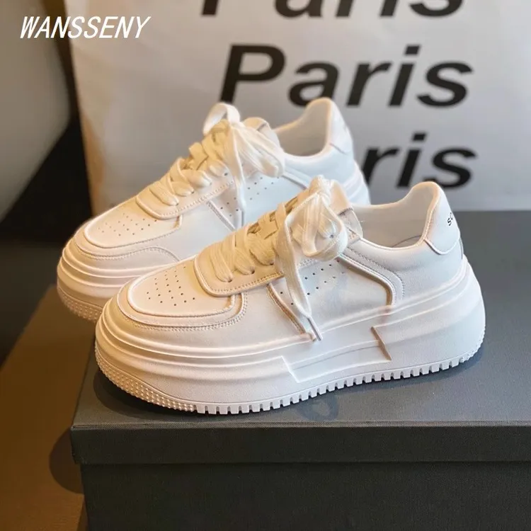 WANSSENY真皮厚底小白鞋女款2025新款女鞋子增高休闲阔腿裤必备鞋