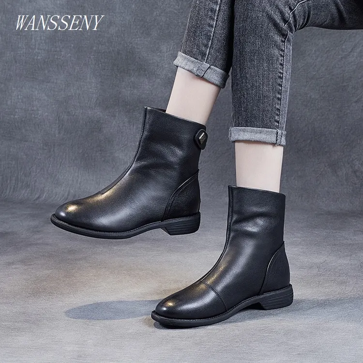 WANSSENY马丁靴女英伦风2025秋冬新款平底显瘦后拉链切尔西小短靴