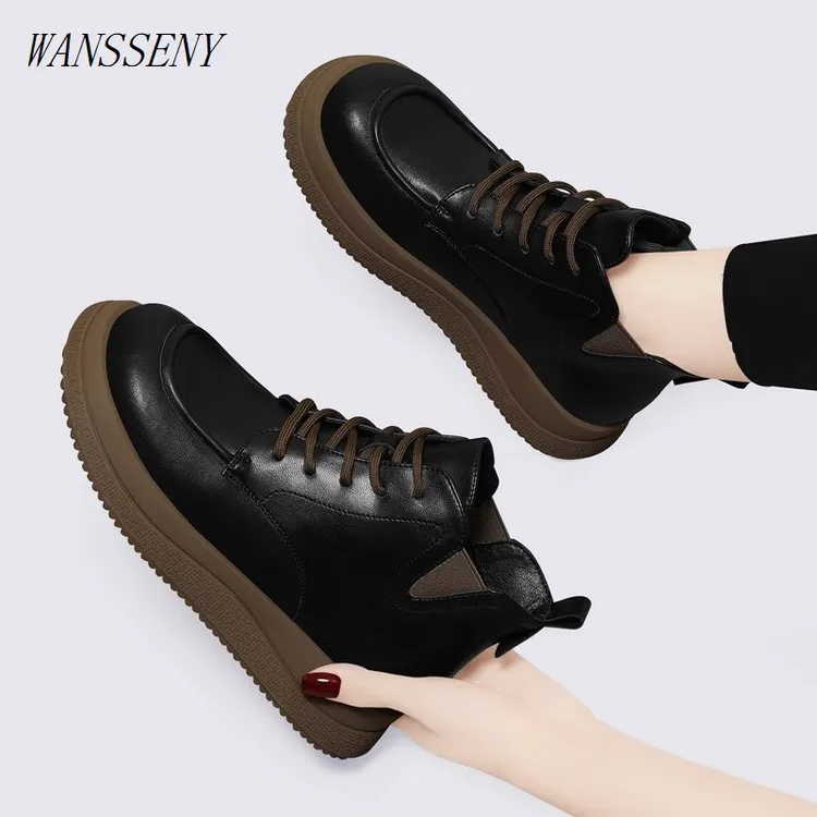 WANSSENY真皮马丁靴女2025秋冬新款厚底小短靴时尚英伦风踝靴子