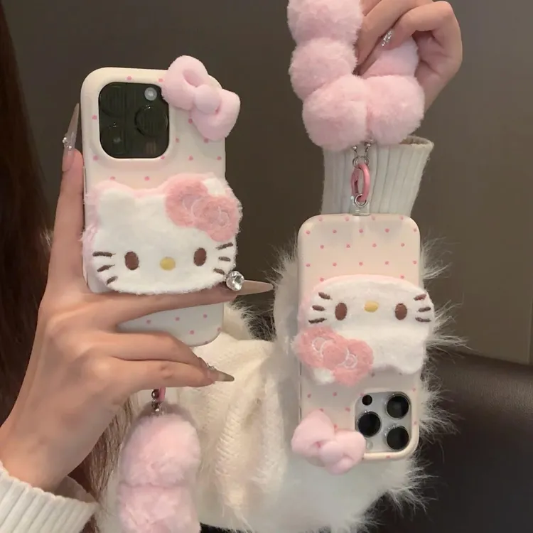 毛绒立体kt猫手机壳带挂绳适用iphone16promax皮纹1415保护套