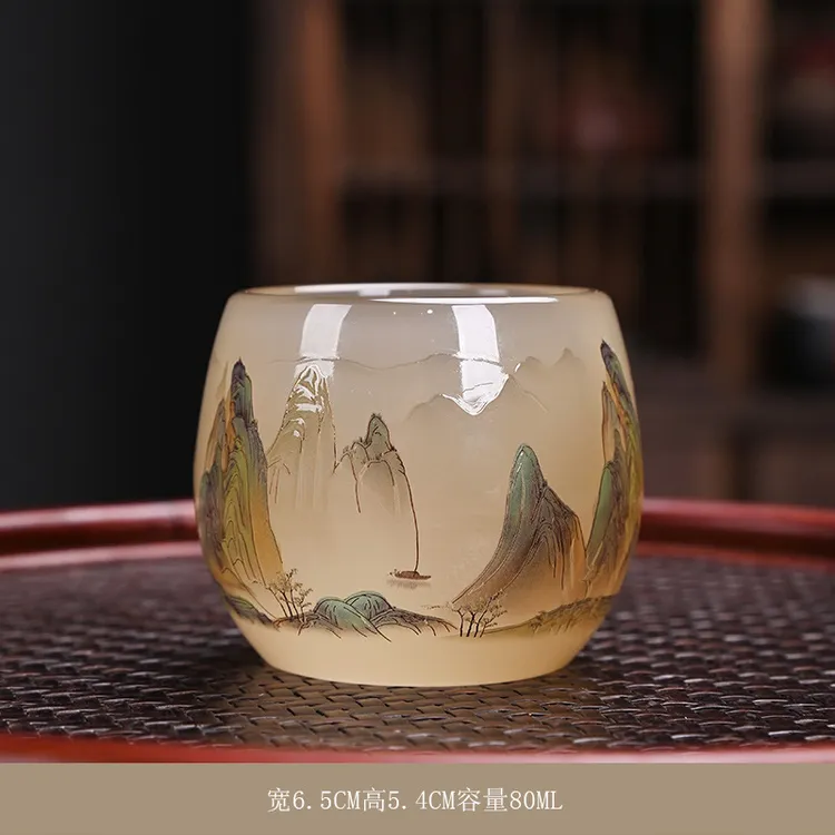 千里江山琉璃浮雕手绘主人杯茶盏品茗杯中式茶杯茶具家用喝茶功夫