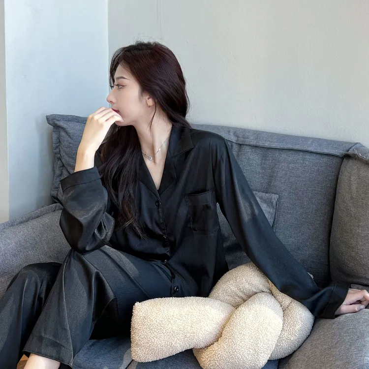 法式轻奢冰丝睡衣女男黑色白春秋高级宽松简约长袖长裤家居服套装