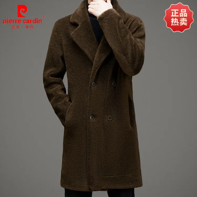 皮尔卡丹【100%羊毛】秋冬休闲保暖羊剪绒大衣男士双面穿中长款外套