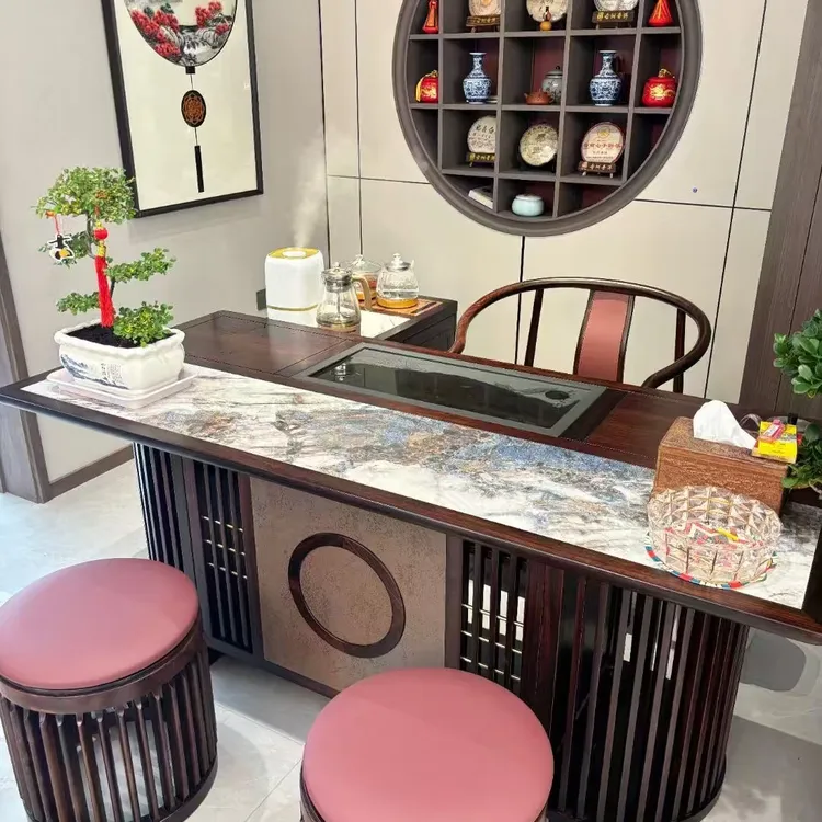 （1.8米或2.2米）茶台----黑檀全实木岩板+乌金石台面茶台时尚轻奢