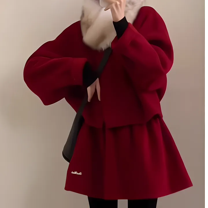冬季圣诞新年女神范高级感时尚红色毛呢外套半身裙穿搭两件套女装