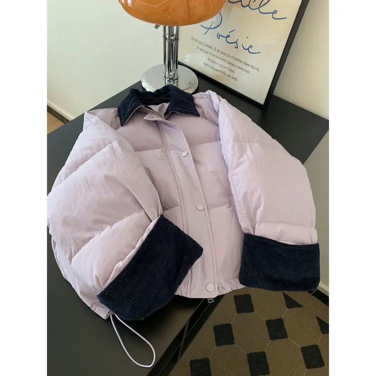 香芋紫色撞色翻边羽绒服女2024秋冬新款宽松慵懒风加厚面包服外套