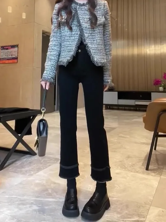 毛边直筒牛仔裤女2025新款高腰显瘦弹力九分窄版小直筒烟管裤春秋