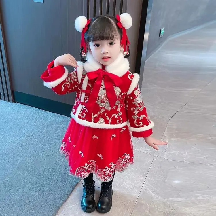 汉服女童冬季唐装加绒加厚宝宝中国风周岁礼服小童过年拜年服