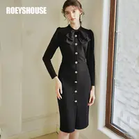 【罗衣】时尚蝴蝶结开叉气质秋季修身知性职场黑色收腰连衣裙07656