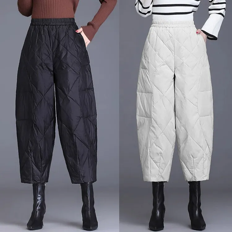 显瘦棉裤子大码高腰时尚休闲宽松轻薄阔腿加绒秋冬冬季菱格女九分