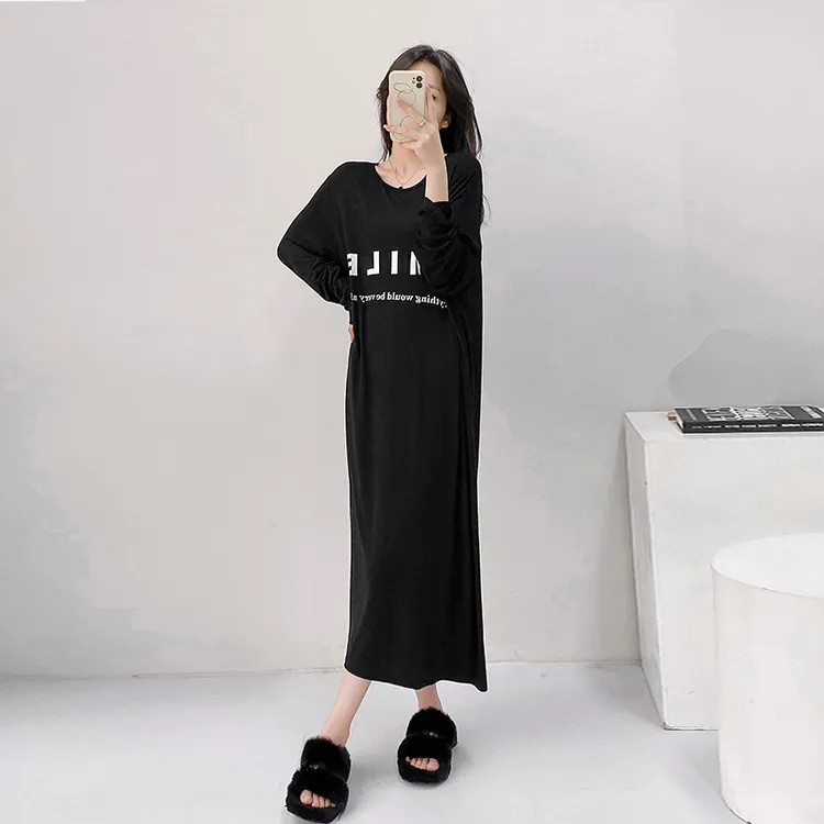 睡衣女秋季长袖莫代尔睡裙字母拖地长裙胖MM宽松大码家居服薄款