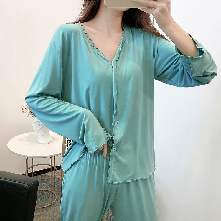 秋季新款睡衣女式莫代尔长袖长裤两件套宽松薄款家居服套装