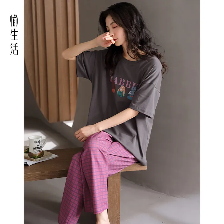 愉生活睡衣女夏季纯棉短袖长裤爆款2025新款可外出外穿家居服套装