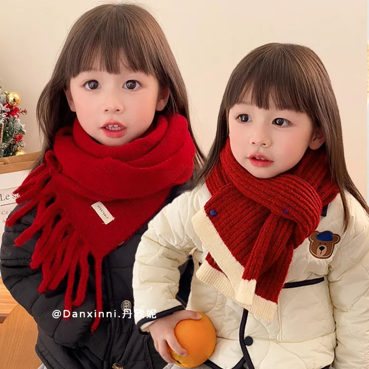 韩系儿童围巾2024秋冬新款女童过新年红色围脖小女孩保暖防风脖套