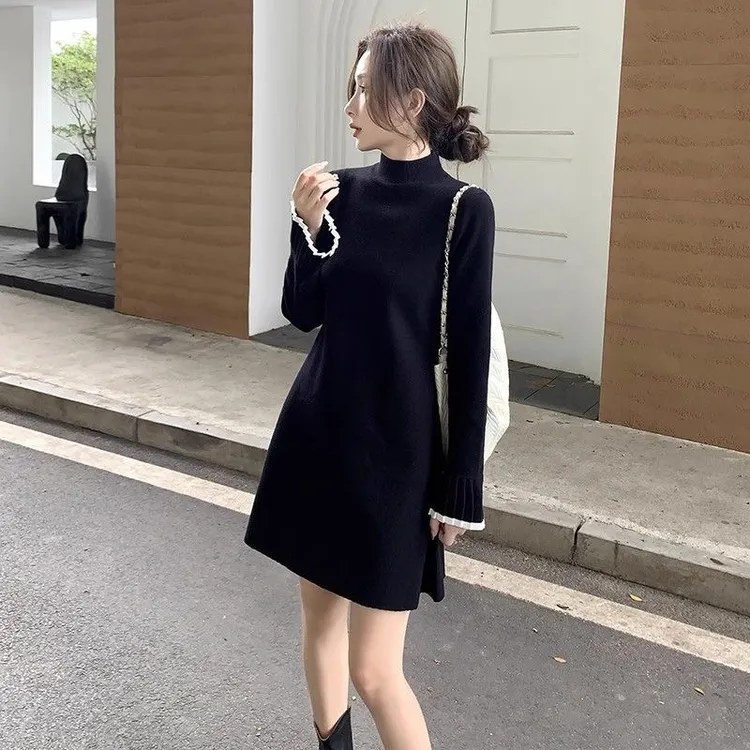 秋冬新款内搭针织连衣裙女小黑裙中长款打底小个子毛衣a字毛衣裙