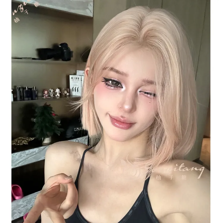 小圆专属-粉金色假发女小额蕾丝短发自然假发中分百搭日常全头套