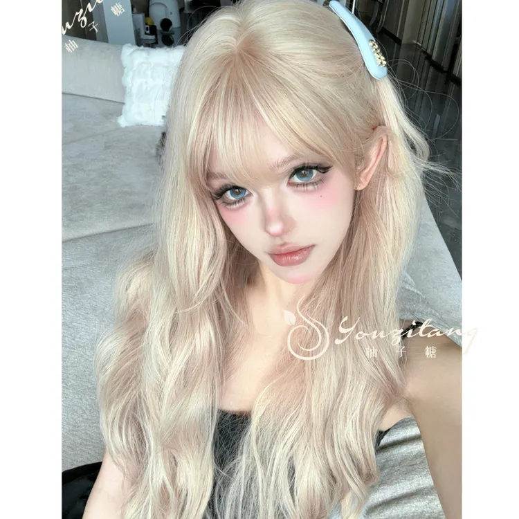 小圆自然-【沉睡公主】加大头皮假发女白金蛋卷发大波浪齐刘海