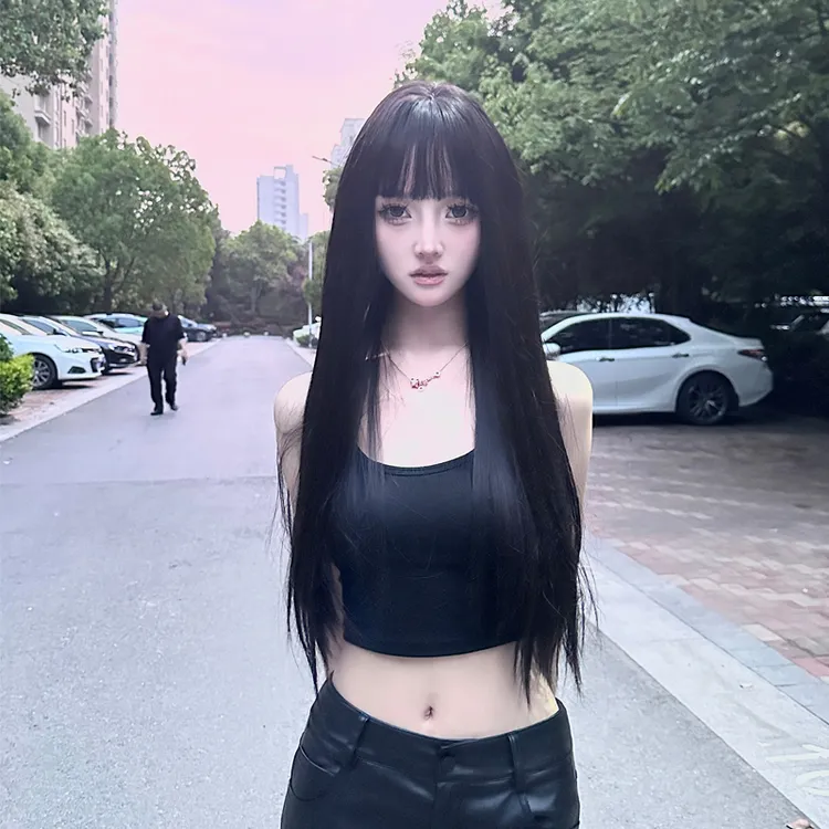 小美专属-【富江】假发女长直发锁骨发空气刘海自然蓬松圆脸黑茶