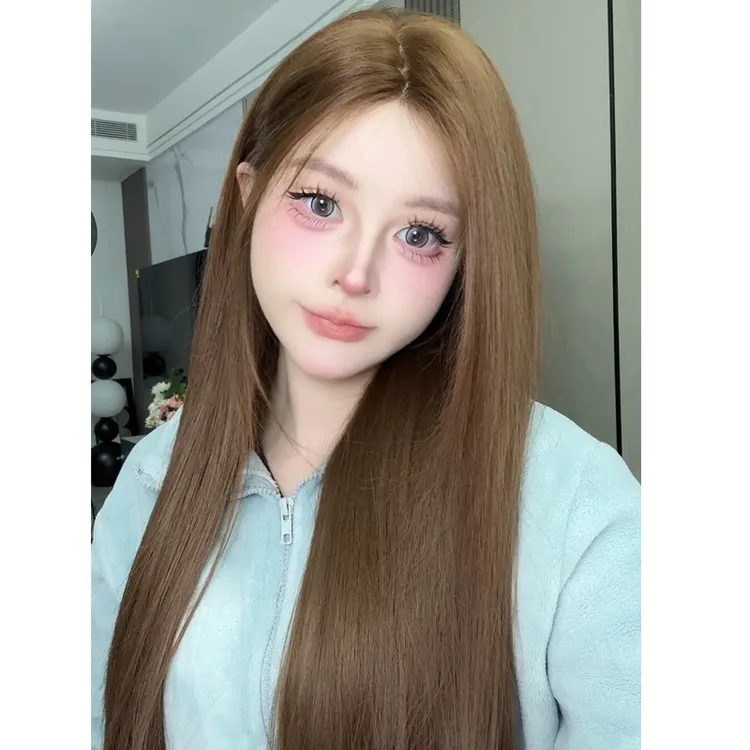 戴文青木-假发女小额蕾丝长直发发中分日常全头套-椰子