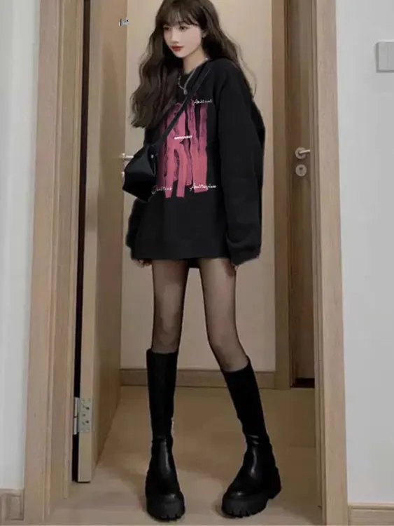 早秋气质秋装无帽圆领卫衣女2024年韩版宽松中长款遮屁股百搭上衣