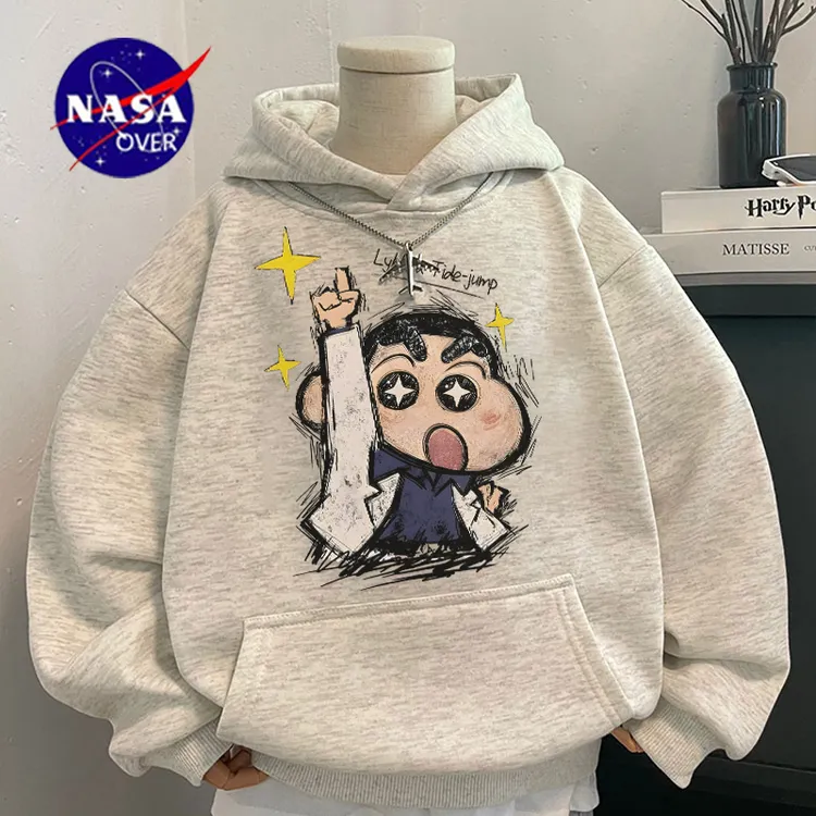 NASA蜡笔小新男童秋冬新款连帽卫衣中大童加绒加厚潮牌宽松上衣服