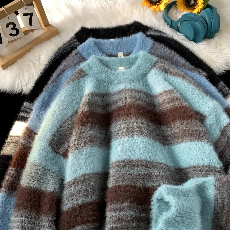 V37美拉德马海毛条纹毛衣男冬季软糯慵懒风针织衫保暖内搭打底衫