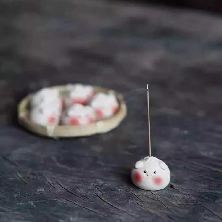 宜兴紫砂【猪崽包香插盖置】原矿白段泥半手工制作紫砂茶宠摆件