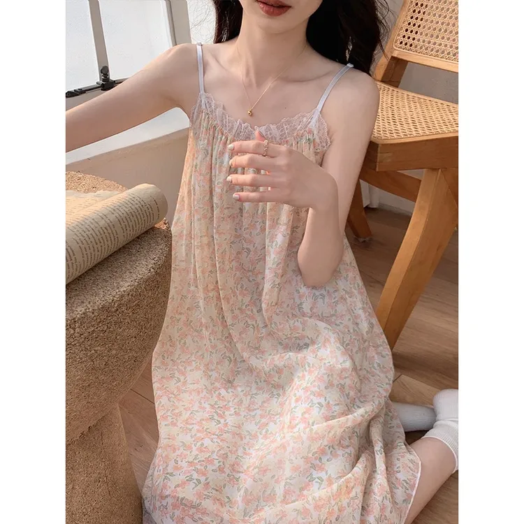 睡裙夏季冰丝2023年新款高级感女士ins风吊带睡衣小清新蕾丝花边