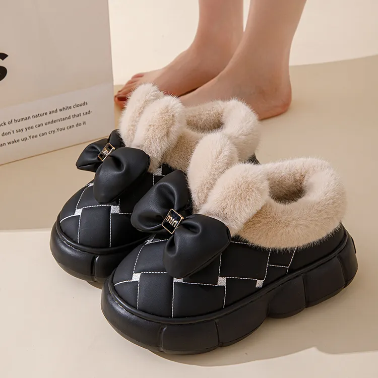 厚底包跟棉拖鞋女冬季新款时尚蝴蝶结加绒保暖PU皮防水雪地靴外穿