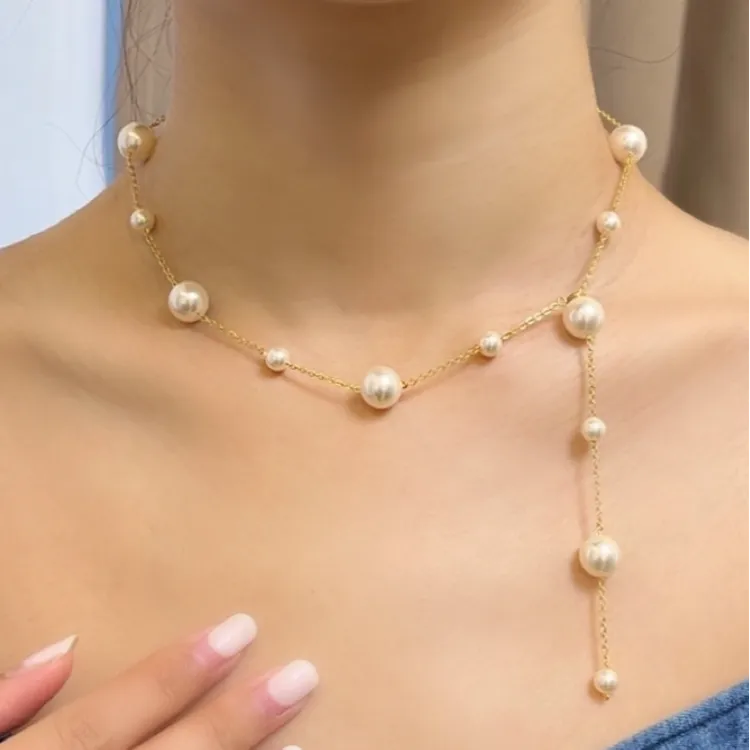 琢啦啦 钛钢仿珍珠项链 满天星暖白仿珍珠项链 法式秋冬毛衣链