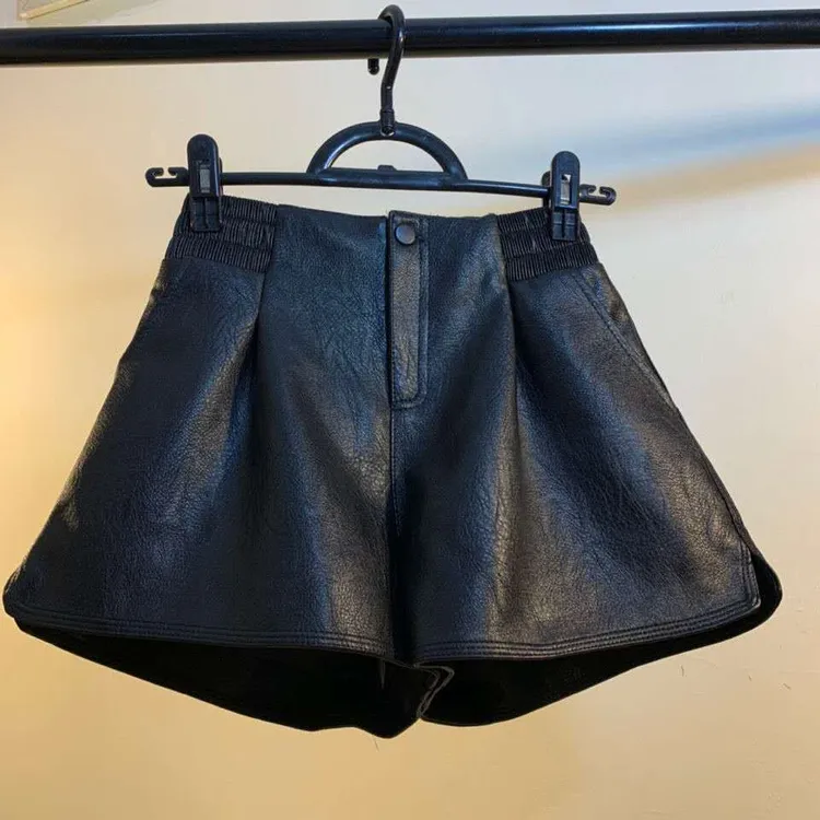 皮短裤女秋冬外穿2024新款韩版宽松百搭高腰皮裤短裤女阔腿裤靴裤