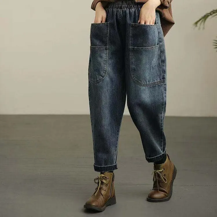 大码大口袋哈伦牛仔裤女2024秋冬季新款高腰宽松显瘦洋气老爹裤