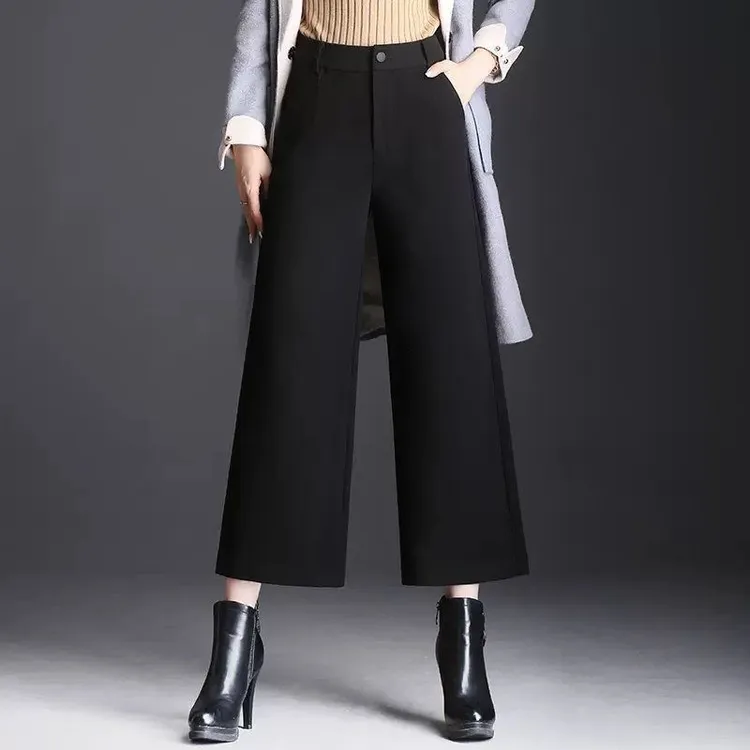 毛呢阔腿裤女2025秋冬新款高腰显瘦黑色百搭九分小个子加绒直筒裤