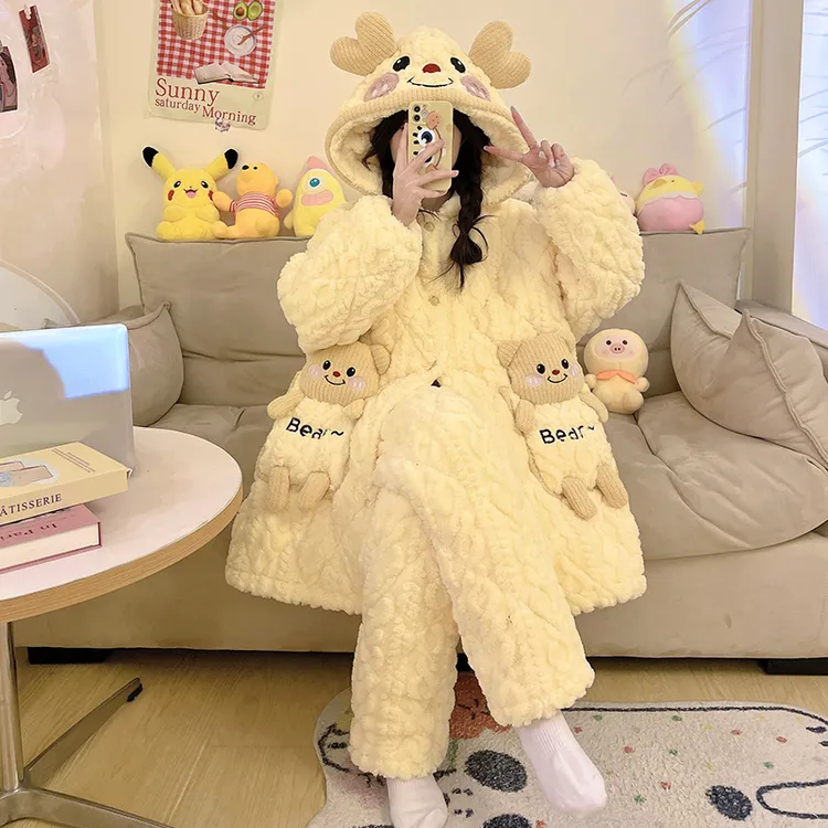 儿童睡衣2025新款冬季女童三层夹棉加绒加厚珊瑚绒初中女孩家居服