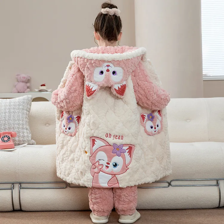 女童睡袍长款三层夹棉加厚公主可爱女孩法兰绒儿童家居服睡衣冬款