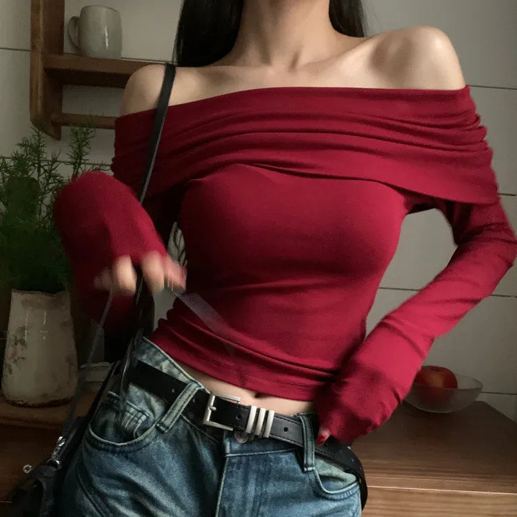 美式复古辣妹设计感一字肩长袖t恤女露肩绝美别致性感紧身打底衫