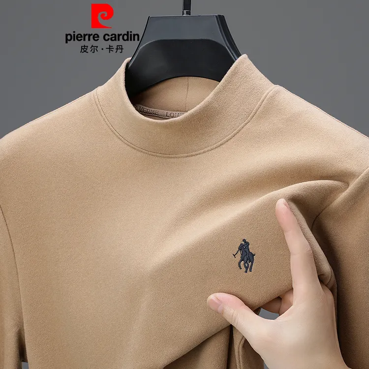 皮尔卡丹高档男半高领双面德绒t恤秋冬款保暖帅气百搭长袖体恤男
