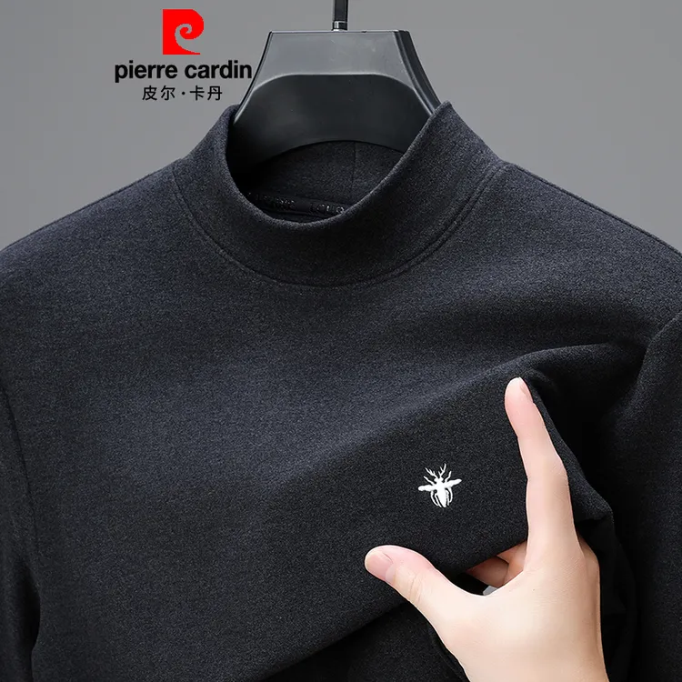 皮尔卡丹双面德绒半高领t恤男士长袖上衣秋冬刺绣内搭保暖打底衫 