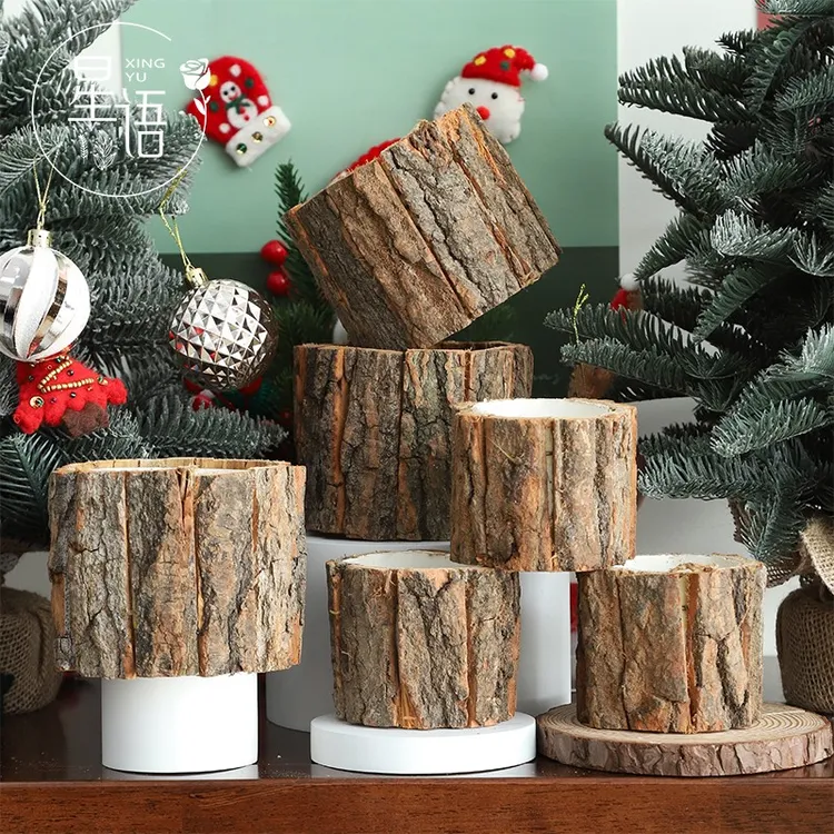 星语 圣诞节树皮桶小圆桶草莓花束抱抱桶diy花桶复古树桶花艺材料