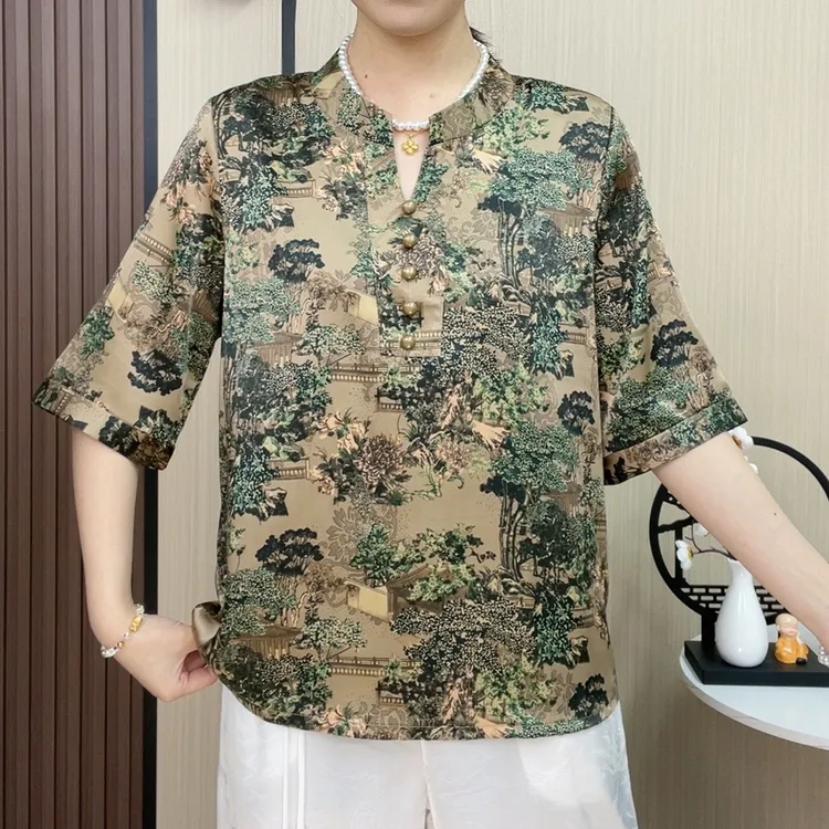 新款宽松洋气时尚显瘦妈妈装中袖小衫  671