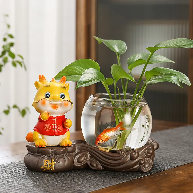 创意招财龙年福袋水培花瓶器皿透明玻璃瓶办公室客厅茶几装饰摆件