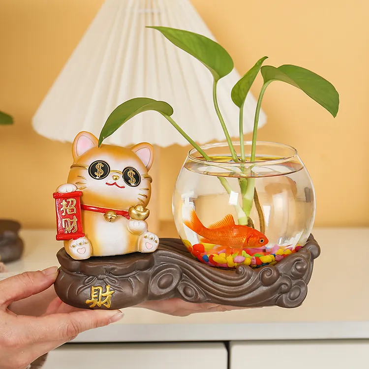 简约招财猫水培花瓶装饰摆件办公室客厅家用透明玻璃水养绿萝器皿