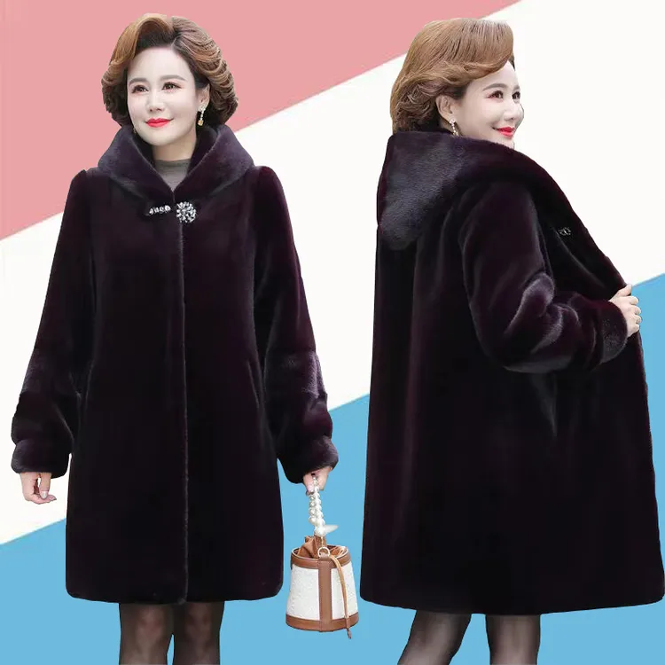 仿皮草大衣女中长款大码连帽仿水貂绒冬装中老年加厚妈妈装外套