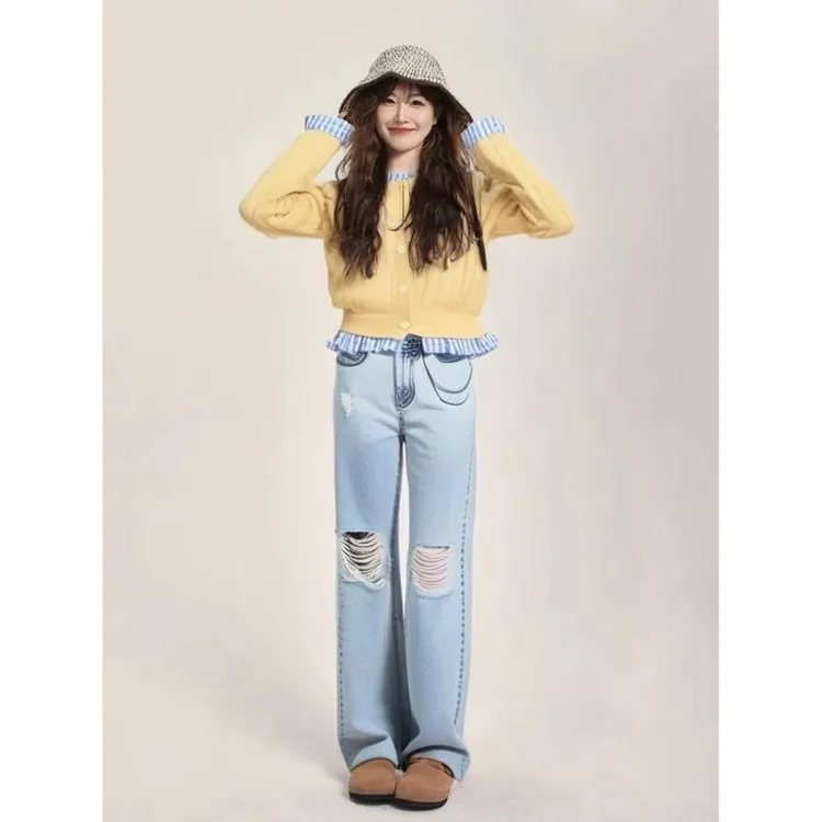 Basic House/百家好 直筒破洞阔腿百搭牛仔裤 BJ458-HVDP52ZBML