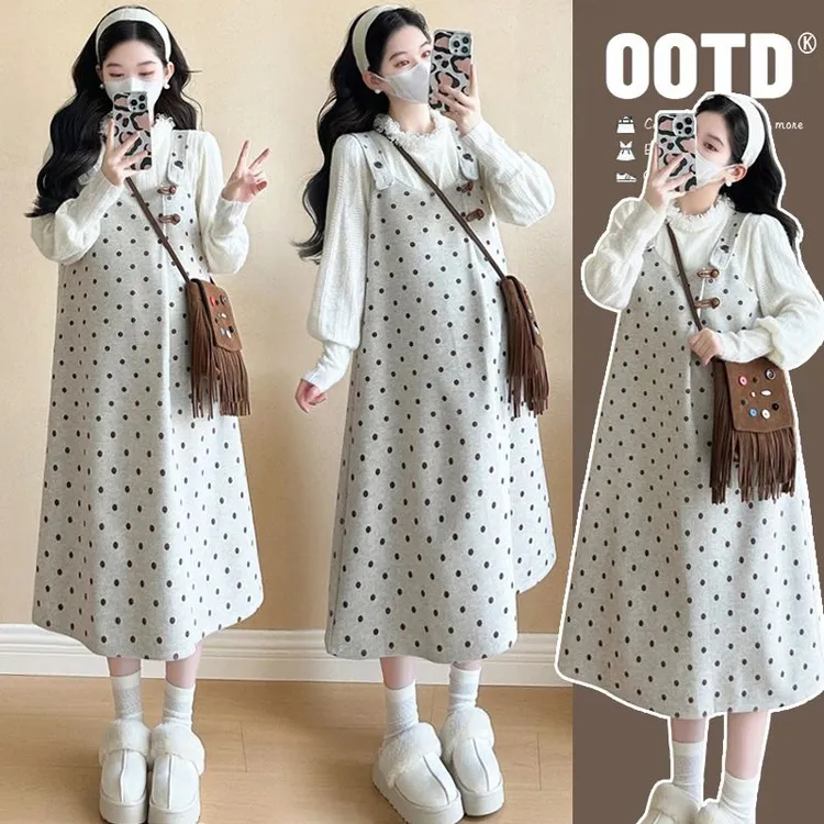 孕妇装秋冬季洋气减龄背带裙+上衣韩版波点孕妇连衣裙冬装