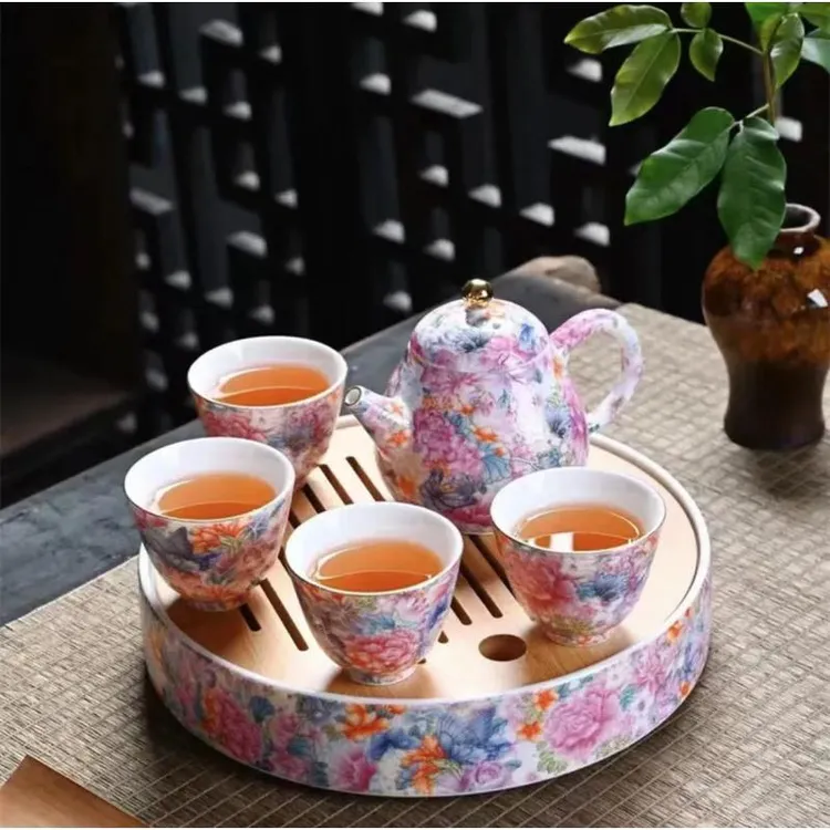 手工高档轻奢家用中式陶瓷万花珐琅彩官帽壶+4杯+茶盘S茶具一整套