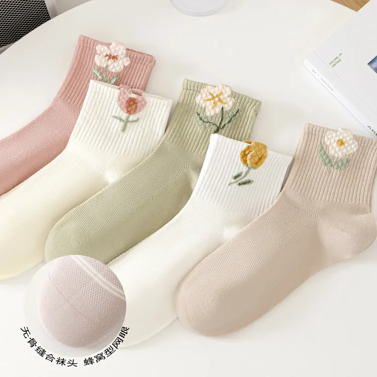 5双装袜子女夏季薄款网眼运动中筒女袜ins潮手工对目立体小花女袜